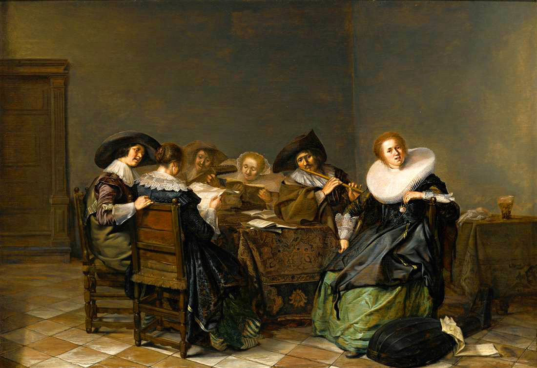 interior with musicians seated around a table